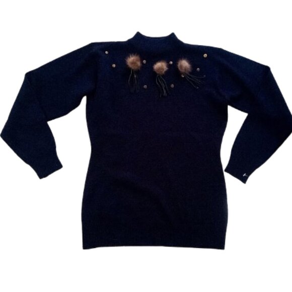 Unique Black Mock Neck Knit Sweater with Pom Poms Fits Size Small - Picture 1 of 4